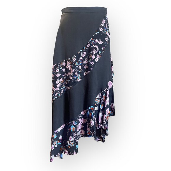 Sandro Kylie Midii Skirt Black Floral Asymetrical Size 2 - Picture 1 of 7